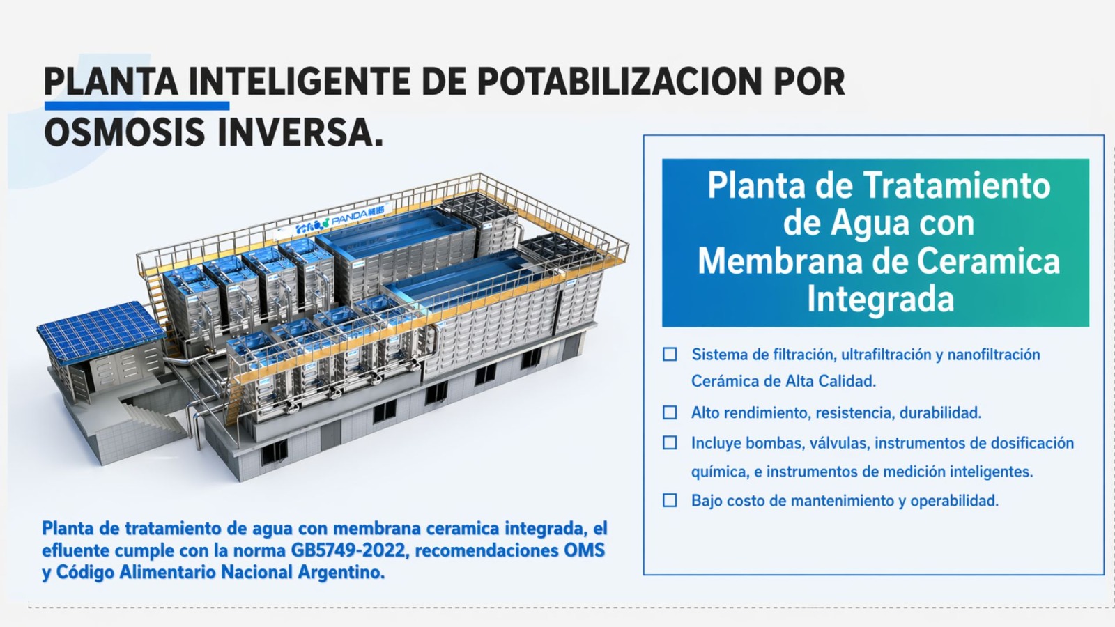 Planta inteligente de potabilización por Ósmosis Inversa — render técnico con especificaciones